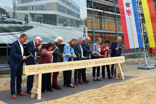 Neun Personen schlagen bei einem Richtfest auf einer Baustelle mit Hämmern symbolisch auf einen Holzbalken.